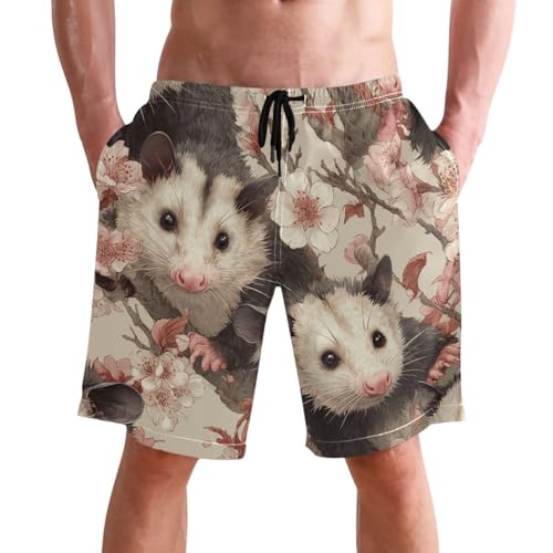 Men's Swim Trunks Quick Dry Swimming Shorts with Pocket Adorable Possums Among Blossoms Swimsuit Trunks