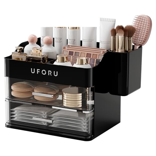 Image of UFORU Makeup Organizer for Vanity with Brush Holder, Countertop Skincare Organizer with 2 Drawers, Spacious Cosmetic Display Case for Perfumes, Cologne, Shaving Lotion