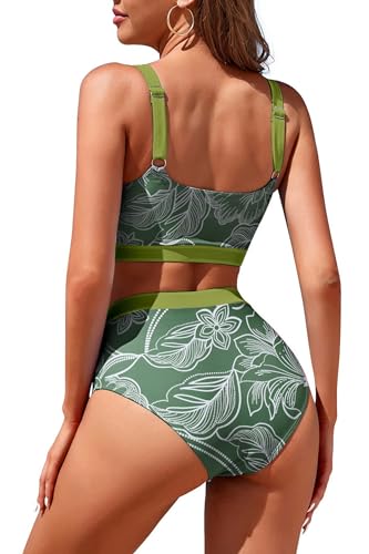 Image of Womens High Waisted Bikini Sets Sporty Crop Top Color Block Swimwear Bandeau Scoop Neck Vintage Two Piece Bathing Suits