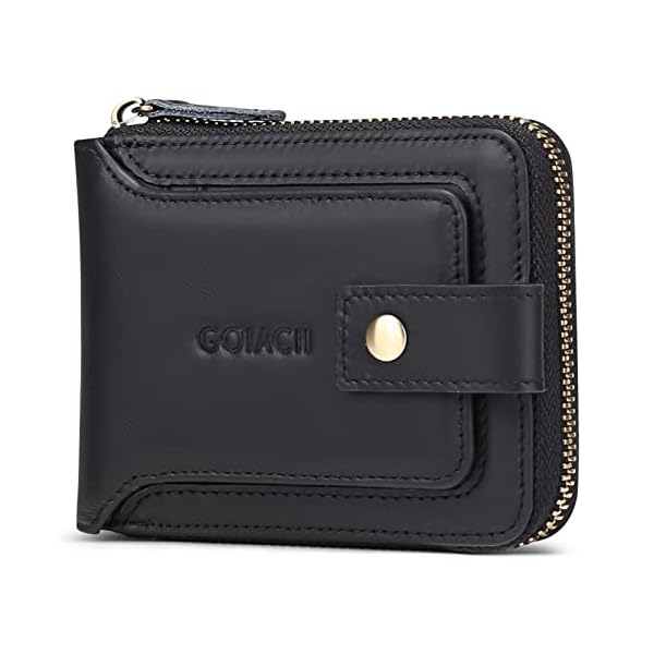 GOIACII Men Wallet Genuine Leather RFID Blocking Bifold Wallet with ID Window Zip Coin Pocket