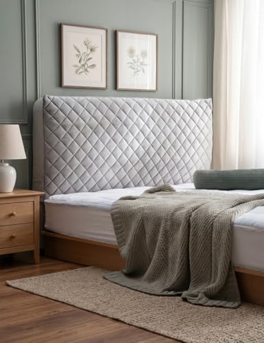 TEXSTEAD Velvet Bed Headboard Cover Slipcover - Stretch Quilted & Thicken Dustproof Protector for Queen/King, Washable Decorative Headboard Cover for Bedroom (LightGray, 67x27.5 inch)