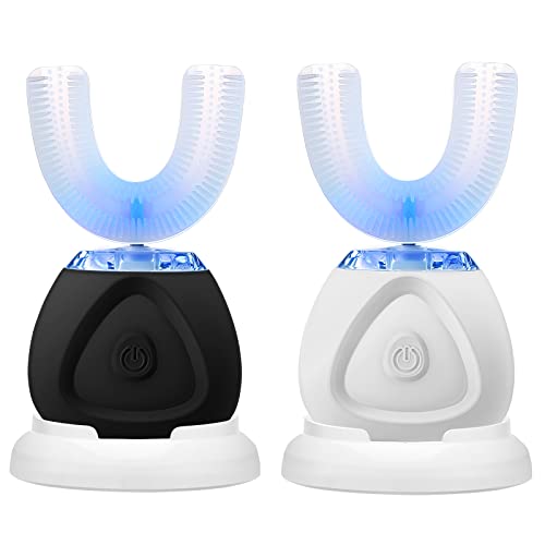Cunhill 2 Pieces Ultrasonic Electric Toothbrush Adults U Shaped Toothbrush Whole Mouth Toothbrush Whitening Automatic Toothbrush Rechargeable Washable Travel Home Use (Black, White,Cute Style) #TOP29