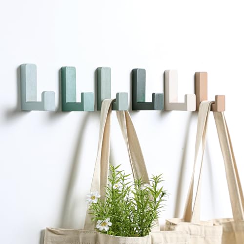 Teenyyou 6 Pack Cute Kids Coat Wall Hooks Wooden Adhesive Decorative Colorful Wall Mounted Hangers Backpack Hooks for Hanging Keys Towel Clothes Bathroom Organization(Green)