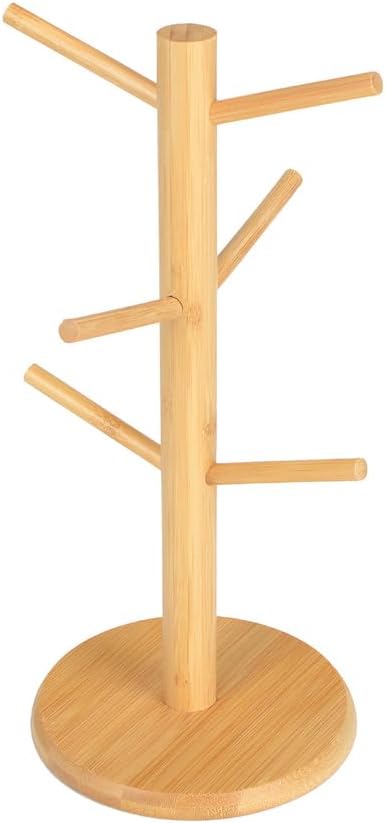 Mug Holder Tree, Coffee Cup Holder, Bamboo Mug Tree for Counter, Coffee Mug Rack Dryer with 6 Hooks,B