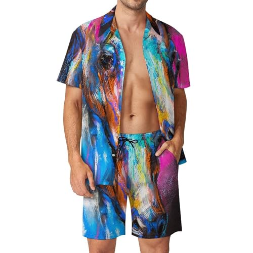 Chemise Hawaïenne Homme Cheval Aquarelle, Ensemble Fluide 2 Pièces avec Short et Pantalon S
