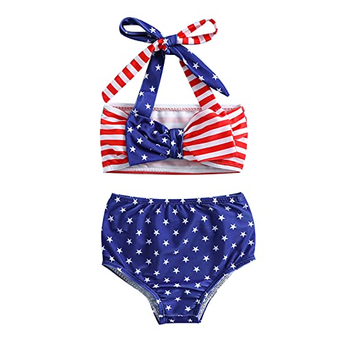 Summer Toddler Girls Bowknot Start Stripe Prints Two Piece Swimwear Swimsuit Bikini Set Girls Swim (Blue, 2-3 Years)