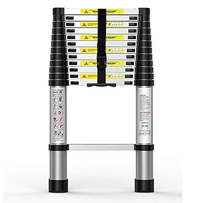 Suwinus 12.5 FT Aluminum Telescoping Ladder Collapsible Extension Ladder with Traceless Alu Tube Design Spring Loaded Locking Mechanism for Outdoor Indoor Use 330 Pound Capacity Black