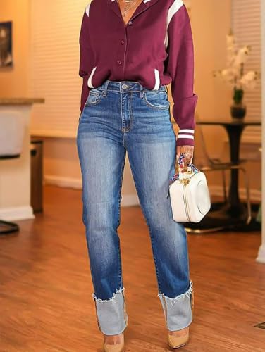 Flamingals High Waist Straight Leg Jeans Bootcut Raw Roll Hem Wash Butt Lifting Jeans3