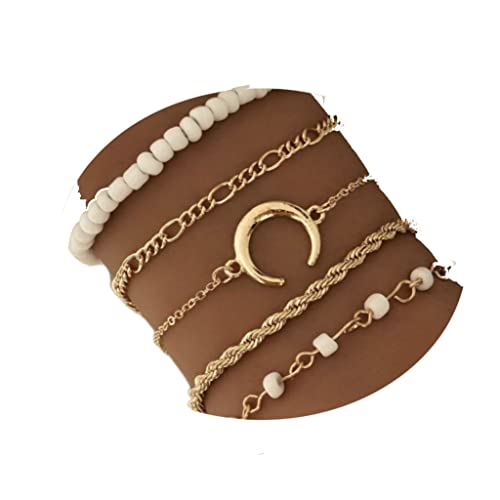 Jovono Lot de 5 Bracelets à superposer, de style bohème, en forme de lune avec perles blanches, bracelets réglables pour femmes et filles
