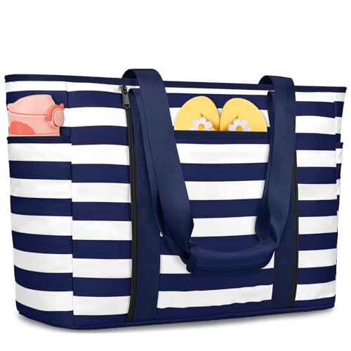 KTUEOV Mala de praia grande XXL familiar, 45 L impermeável mala de praia mulher com fecho de correr 12 bolsos saco da Praia dobrável e lavável para piscina, viagens - compartimento para artigos