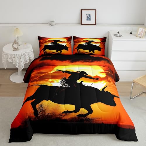 Image of Feelyou Western Cowboy Comforter Set Rodeo Cowboy Riding Bull Bedding Set for Kids Boys Teens Adults Vintage Comforter Soft Quilt with 2 Pillowcases 3Pcs Bedding Full Boys