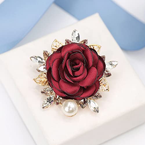 Elegant Rose Flower Brooch Pin for Women Men Wedding Party Gentleman\'s Essentials Handmade Crystal Pearl Fabric Flower Lapel Pin Dress Suit Accessories Boutonniere Ideas Gift Valentine\'s Day (Red)