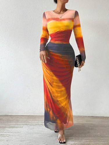 MOEENCN Women Sheer Mesh Maxi Dress Long Sleeve Bodycon Birthday Outfits Ruched Tie Dye Cocktail Club Party Dresses2