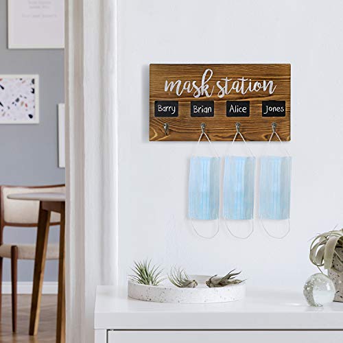 Mygift Wall Mounted Burnt Wood Personal Face Mask Holder Rack With Mask Station Print Design, 4 Mask Key Hooks And Individual Chalkboard Labels #TOP2