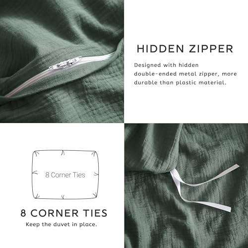 SE SOFTEXLY Muslin Duvet Cover King Size, 100% Washed Cotton Duvet Cover Set, Ultra Soft Comforter Cover Linen Like, 3 Pieces Minimalist Gauze Duvet Cover with 2 Pillowcases, 90"x104", Forest Green