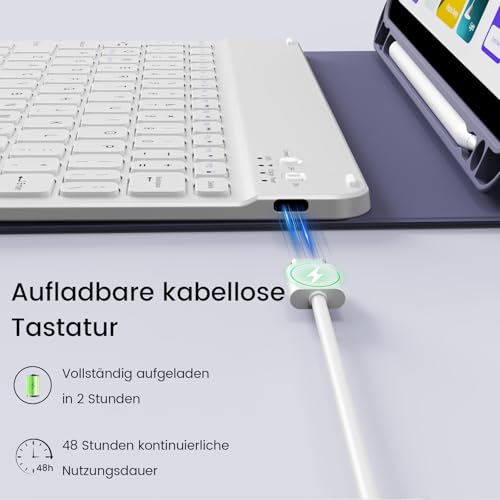 GKABXY Etui z klawiaturą do iPada (A16) 10/11 generacji, 10,9/11", (2022/2025), miękka tylna obudowa z TPU z uchwytem na długopis, magnetyczna zdejmowana klawiatura Bluetooth, układ QWERTZ, fioletowe