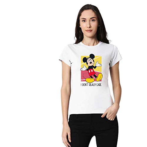 Image of Bewakoof Women's Cotton Printed Mickey Don't Care (Dl) Disney Half Sleeves | Round Neck | Regular Fit T-Shirt /Tee