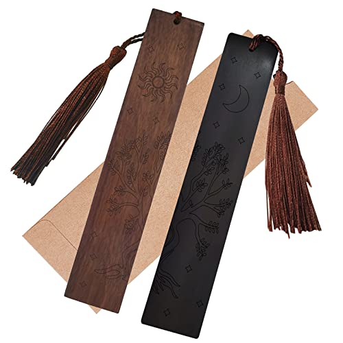 CRASPIRE 2 Colors Moon Wood Bookmark Sun Tree Handmade Natural Wooden Carving Engraved Book Mark Bookmarks with Tassel Pendant or Book Lovers Teacher Students Gifts