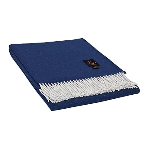 Lima Mystery - Alpaca Wool Blend Throw Blanket Handwoven Soft Warm Solid Color Design 63" x 52" (Blue Indigo/Ivory) Cover