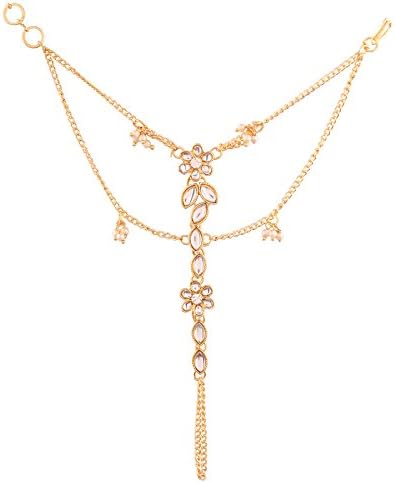 I Jewels Gold Plated Indian Bollywood Elegant Pearl Kundan Haath Panja/Haath Phool Adjustable Chain Bracelet Jewelry for Women (PIJ011W)