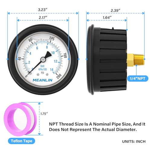 Image of MEANLIN MEASURE 0~200Psi Stainless Steel Liquid Filled Pressure Gauge 1 /4 inch NPT 2.5 inch FACE DIAL with Rubber Protective Sleeve, Center Back Mount