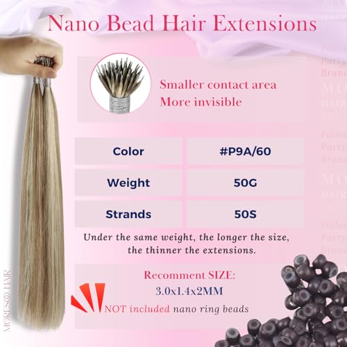 Moresoo Nano Hair Extensions Real Human Hair Highlights Light Brown with Platinum Blonde Nano Tip Hair Extensions Real Human Hair 1g/s 50G/Pack #P9A/60 14 Inch - Image 3