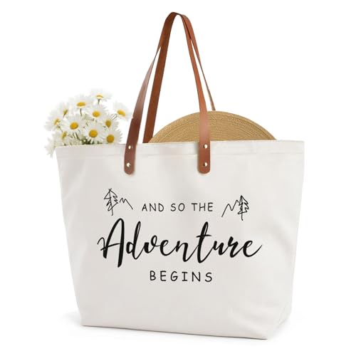 CARAKNOTS Tote Bag for Women And so the Adventure Begins Bride Gifts for Wedding Bridal Shower Bachelorette Engagement Honeymoon Canvas Cotton Shoulder Bag with Zipper and Pocket