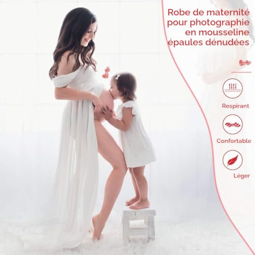 FEOYA-Femmes Enceintes Robe Dames Epaules Denudees Maternite Maxi Robes Photo Shoot Accessoires Photographie Vetements Robe de Soiree Robes de Mariee Robe sans Bretelles,M,Blanc – vue 4