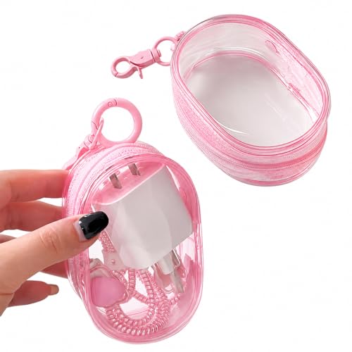 Image of GadgetBite Travel Cable Storage Pouch PVC Bag Compact Clear Organizer for Chargers, Earphones & Data Cables Portable Storage Solution for Travel (Pink, Pack of 2)