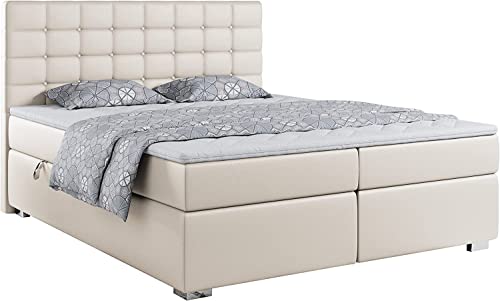 MKS MEBLE Boxspringbett - Doppelbett mit Multipocket-Matratze und Topper - Polsterbett mit Bettkasten - Stauraumbett - Susan 180x200 - H4 Beige Cover