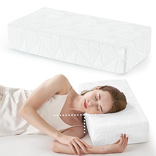 Cube Pillow for Side Sleeper (24"x12"x4", Thin), Memory Foam Pillows Neck Support Pillows for Sleeping, Rectangle Pillows for Neck Pain with Bamboo Cover - Square Cervical Pillows|White
