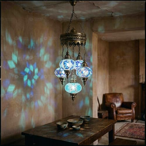 Lustre en mosaïque turque bleu 5 globes : suspension marocaine de salon