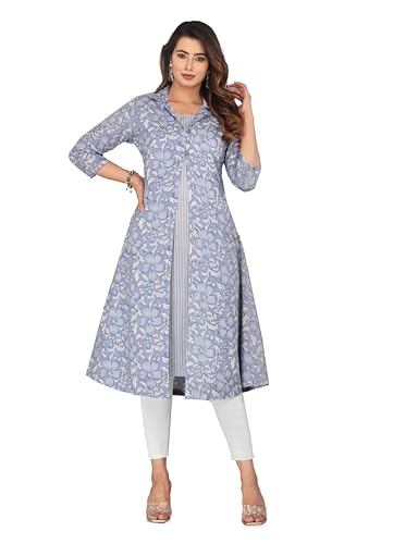 Image of KANNAHI Women Pure Cotton Printed Straight Calf Length Regular Jaipuri Kurta and Shrug Set with Floral Print for Womens & Girls Grey