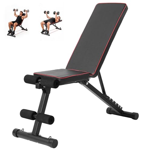 Adjustable Weight Bench Full Body Workout Strength Training Bench Press Foldable Incline Decline Bench Sit Up Exercise Equipment for Home Gym with Dual Bands
