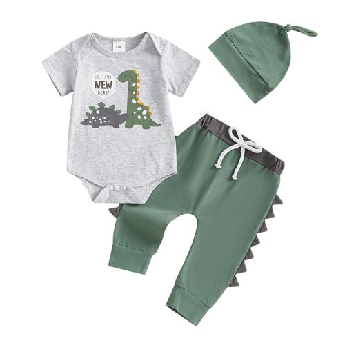 Image of Newborn Infant Baby Boy Outfits Long Sleeves Dinosaur Romper Drawstring Plaid Pants with Hat Clothe Set