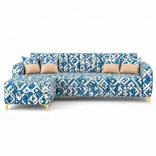 Image of CASASTYLE Signature Velour 4-Seater L-Shape Sofa Set with Movable Ottoman | Flexible LHS /RHS Layout | Tapestry Fabric | 40D Foam + Zigzag Spring | 3-Yr Warranty (Lagoon Mosaic Blue)