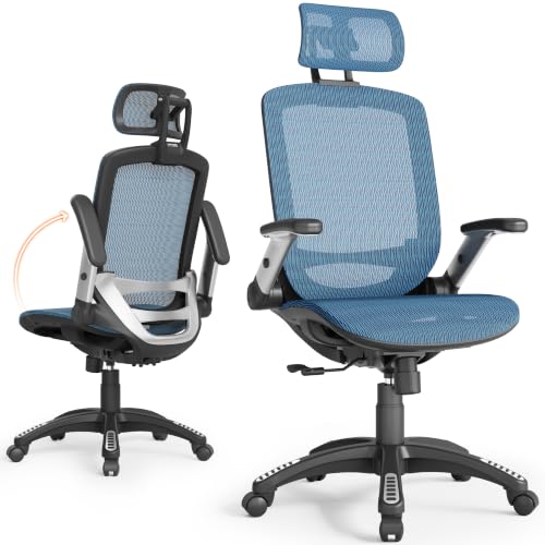 Image of GABRYLLY Ergonomic Office Chair, High Back Mesh Desk Chair with Adjustable Headrest, Flip-Up Arms, 90-120 Tilt Lock, Lumbar Support and Comfy Seat, Swivel Computer Task Chair, Blue