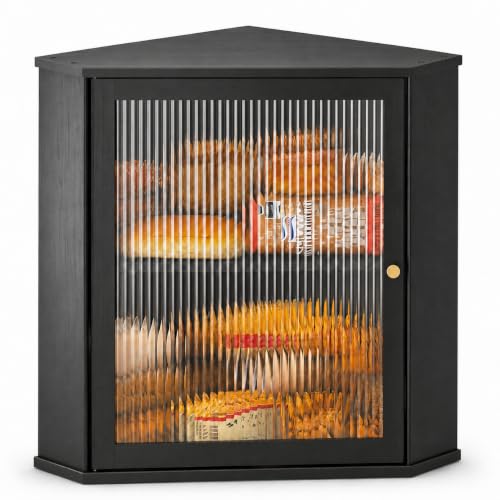 Kitsure Wooden Corner Bread Box for Kitchen Countertop, Large, Black | 2-Tier Bread Container with Magnetic Acrylic Door, Kitchen Counter Organizer for Snacks, Loaves,, Homemade Bread Storage