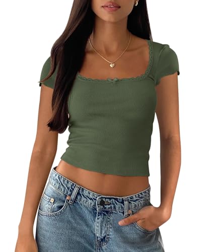 Yousify Womens Shorts Sleeve Crop Tops Summer Y2K Lace Square Neck Slim Fitted Basic Ribbed Tee Blouse Shirts