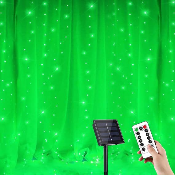 YUANYUYING Solar Curtain Lights, 3m x 1m 100 LED Outdoor Waterfall Lights with Remote & Timer, 8 Modes Cuttable, IP65 Waterproof for Garden, Gazebo, Wedding, Party Decor (Green)