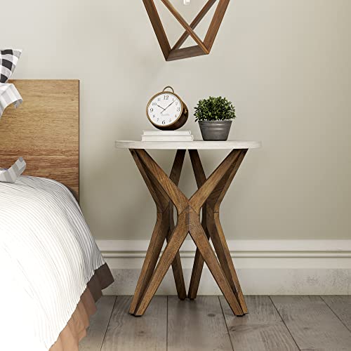 LONYKE Pedestal Farmhouse End Table Set of 2, Distressed Top with Tripod Base Bedside Table for Living Room, Modern, Boho Decor, Round (2-Pack, White & Walnut) - Image 2