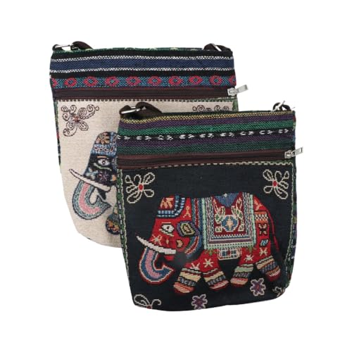 2Pcs Vintage Elephant Embroidery Handbag Crossbody Bag, Personality Women Knitted Tote Shoulder Purse Canvas Bag3