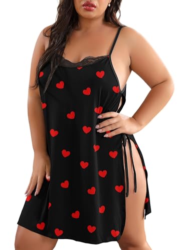 Image of Women Plus Size Lace Babydoll Lingerie Side Slit Strappy Chemise Sleepwear