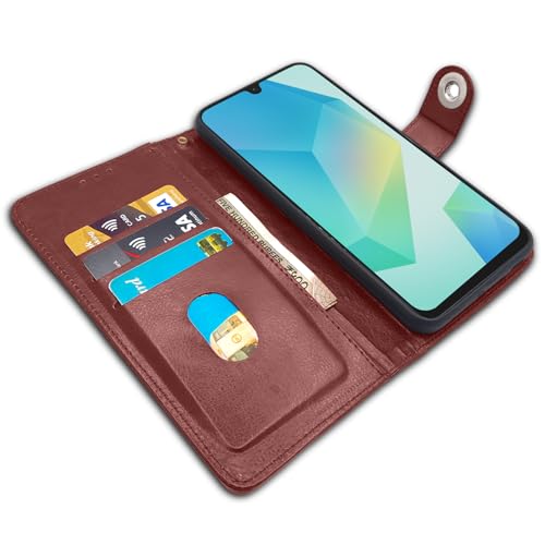 Image of Pikkme Flip Cover Leather Finish | Inside TPU with Card Pockets | Wallet Stand and Shock Proof | Complete Protection Button Flip Case for Samsung Galaxy A16 5G(Brown)