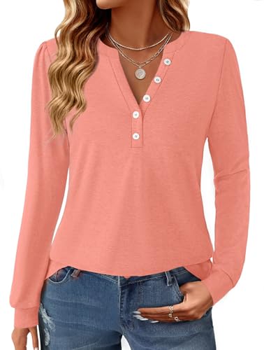 GKBK Women's Puff Long Sleeve Tunic V Neck Button Blouses Fall Tops Trendy Dressy Casual Business Henley Shirts Coral XL