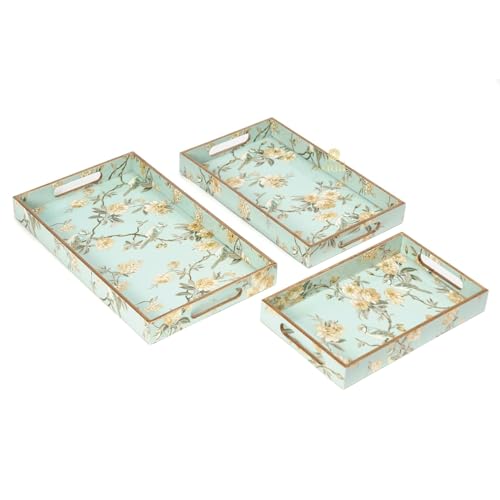 Image of Set of 3 Waterproof Wooden Trays - Modern Birds Design with Floral & Tree Artwork, Serving Tray Set | Tray Set| MDF Serving Trays (16x10, 14x8, 12x6 Inches)(Setof3WP- AquaGoldBird)