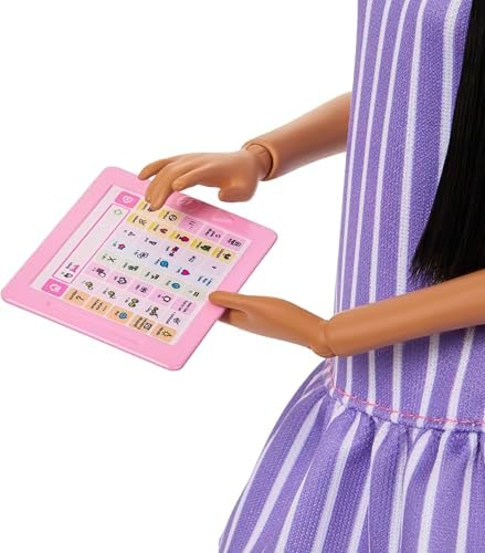 Barbie Fashionistas Doll #245, Autistic Barbie Doll Wearing Purple Striped Dress with Accessories Like Fidget Spinner, Tablet and Headphones — view 4