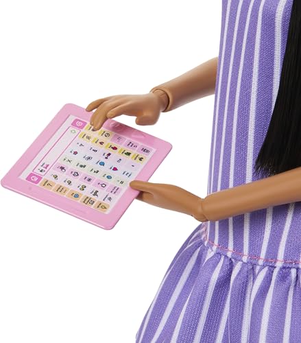 Image of Barbie Fashionistas Doll #245, Autistic Doll Wearing Purple Striped Dress with Accessories Like Fidget Spinner, Tablet and Headphones