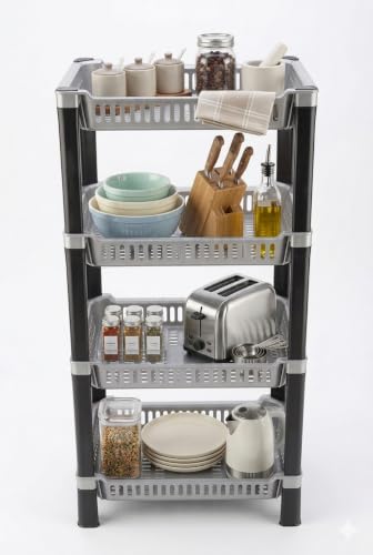 Image of U-Max Multi Tire Kitchen Storage Rack, Plastic Utility Shelf Organiser, Space Saving Storage Solution, Revolving Vegetable Rack (Silver, 4)