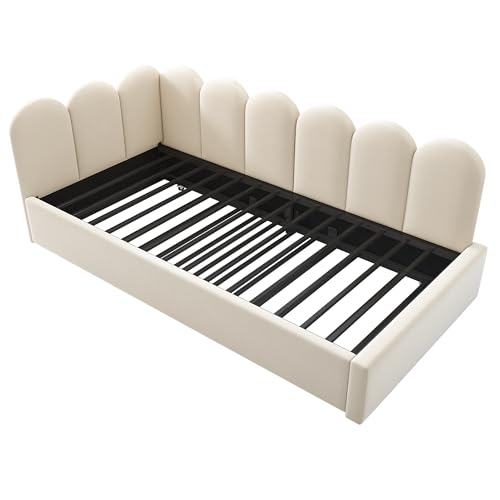 Miniatura 9 de Nadeusak Cama Tapizada, Color Beige, 90 X 200 Cm, Sofá Cama Con Cama Nido De 90 X 190 Cm, Cuna Con Somier, Terciopelo, Sin Colchón